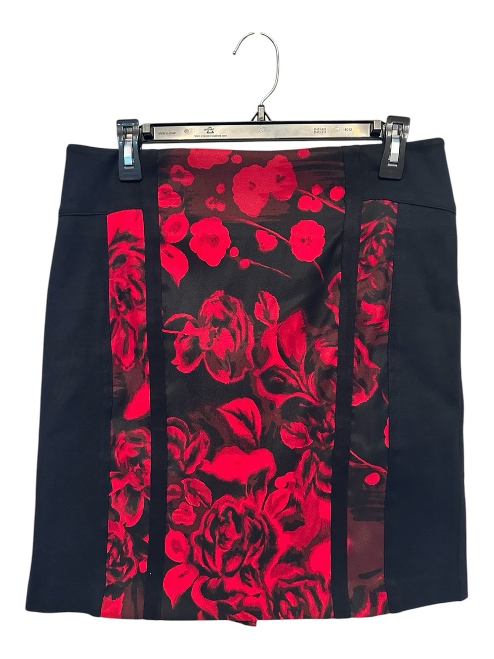 Y2K Era Cache Black Mini Skirt with Red Floral Center Panels Size 6